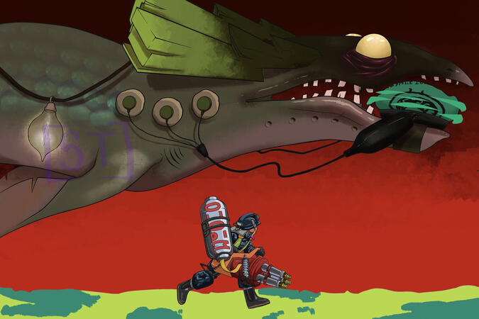 a salmon runner with a hydra trying to keep up with Horrorboros